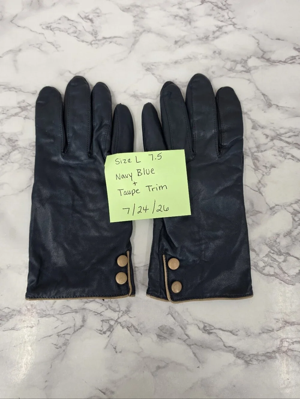 Vintage Navy Leather Short Driving Gloves with Taupe Button Detail and Trim